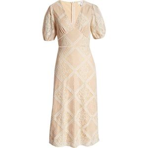 NSR Short Puff Sleeve Knit Lace Overlay Midi Dress Light Cream Size S